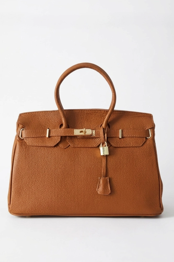 Elegancka duża skórzana torebka włoska, kuferek, camel
