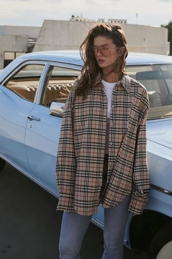 Koszula OVERSIZE 100% bawełna Premium - krata beż