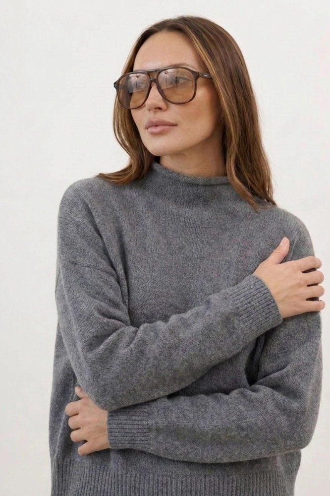 Elegancki sweter wełna merino i kaszmir ze stójką - grafit