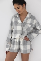 Elegancka piżama flanelowa rozpinana krótkie spodenki - szara krata
