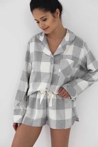 Elegancka piżama flanelowa rozpinana krótkie spodenki - szara krata