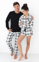 Elegancka piżama flanelowa rozpinana krótkie spodenki - czarna krata