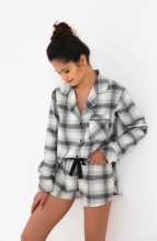 Elegancka piżama flanelowa rozpinana krótkie spodenki - czarna krata