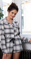 Elegancka piżama flanelowa rozpinana krótkie spodenki - czarna krata
