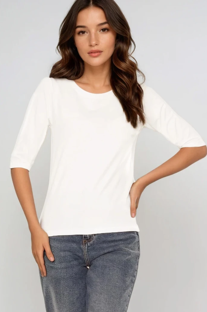Top basic rękaw 3/4 z delikatnej bawełny z modalem - biały