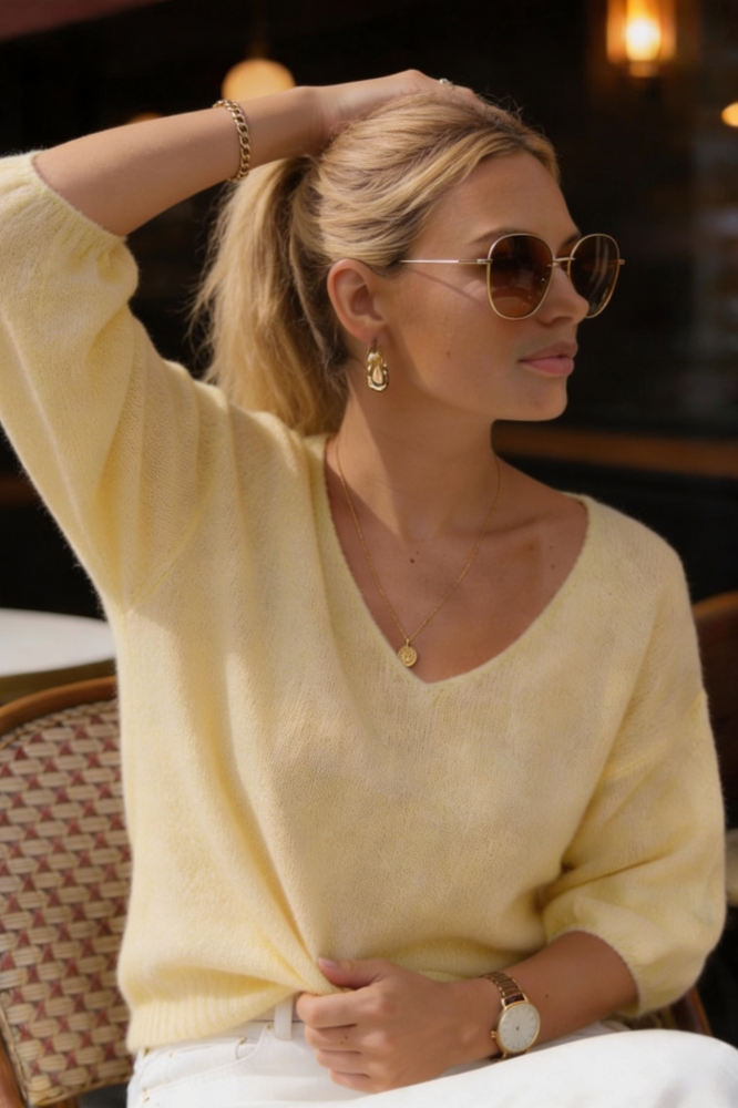 Elegancki sweter Baby Alpaka rękaw 7/8 - jasny żółty