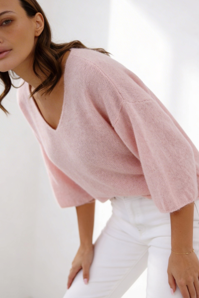 Elegancki sweter Baby Alpaka rękaw 7/8 - róż