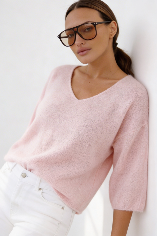 Elegancki sweter Baby Alpaka rękaw 7/8 - róż