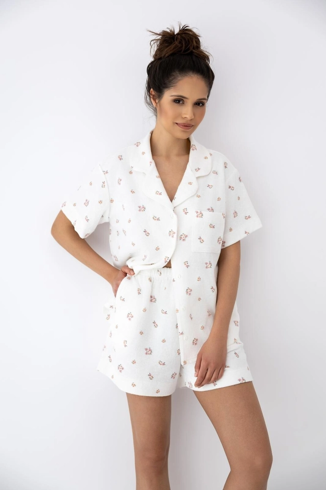 Krótka piżama rozpinana 100% bawełna frotte - milk