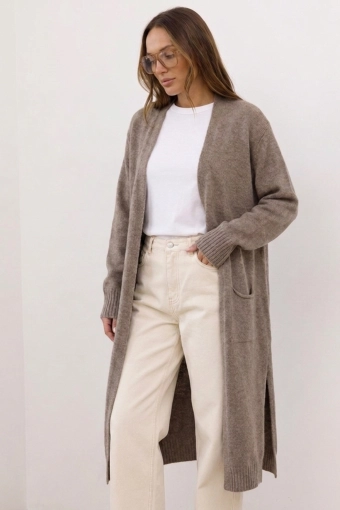 Elegancki długi kardigan Teramo z rozcięciami wełna - taupe